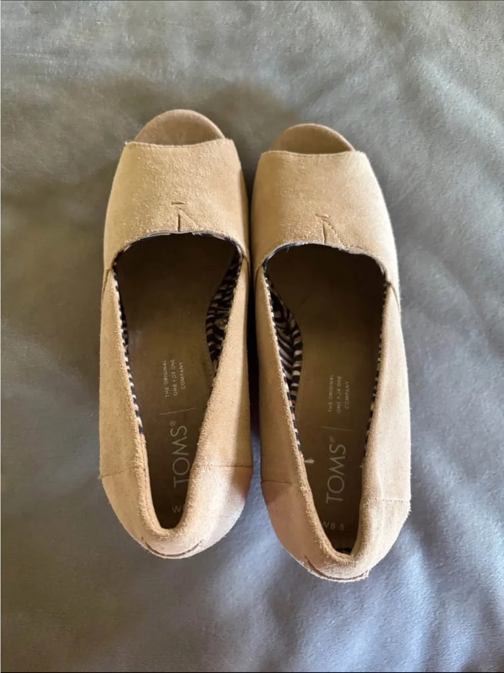 TOMS Suede Peep Toe Wedges in Taupe